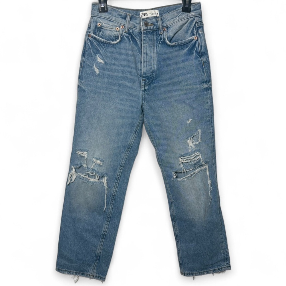 ZARA The Bliss Straight Distressed Button Fly Jeans Women’s Size 4 Blue Denim